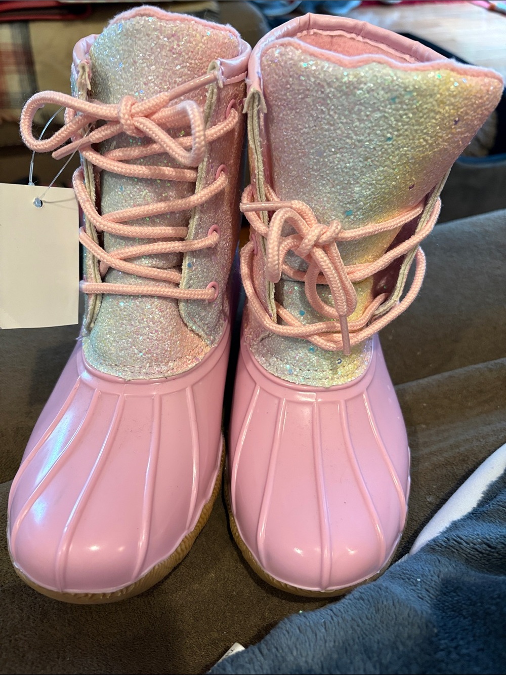 Girls Josmo Pink Glitter Lace-Up Duck style Rain Boots